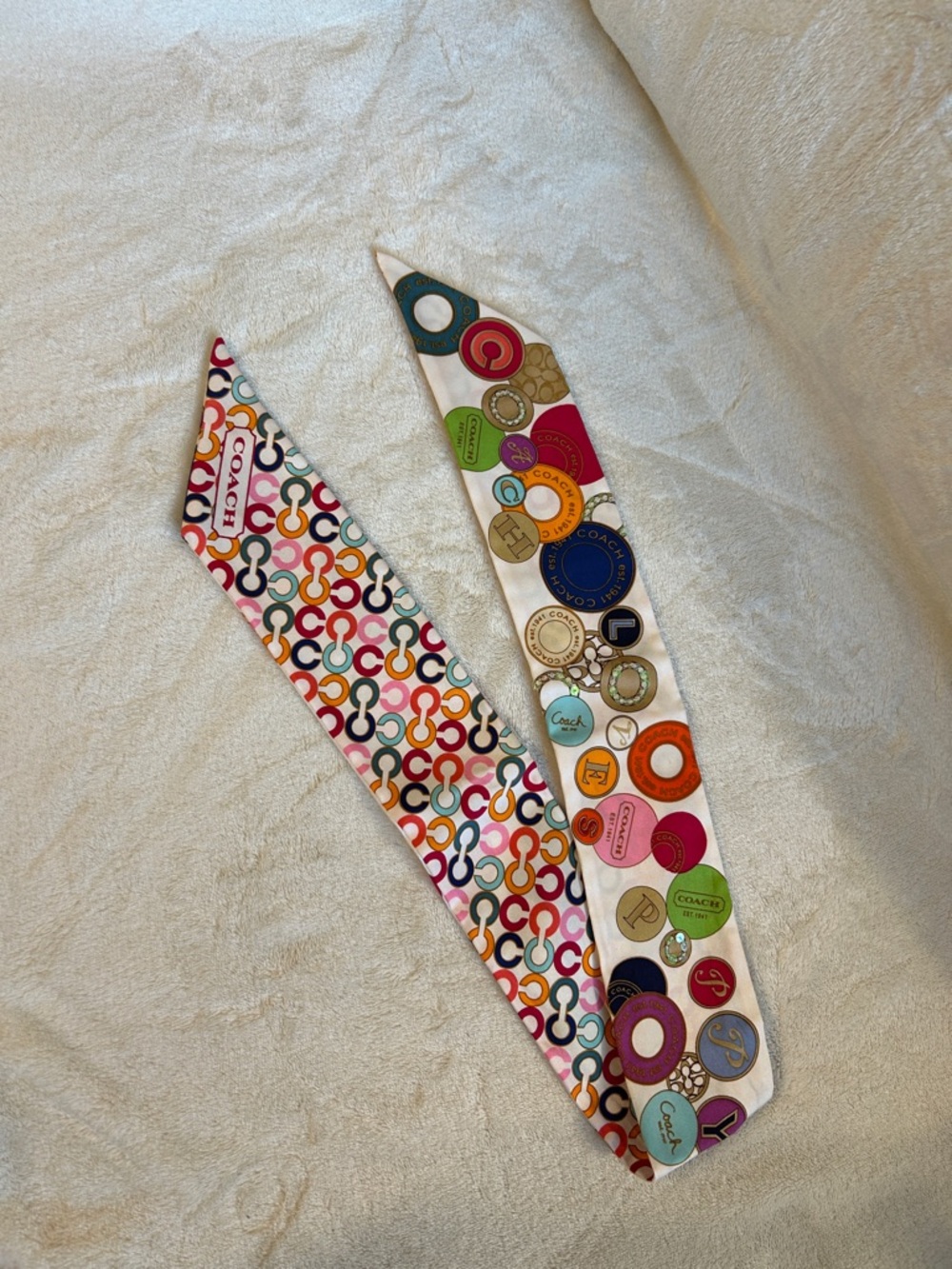 Coach Multicolor Logo Circles Silk Twilly Scarf - White Base - Picture 2 of 6